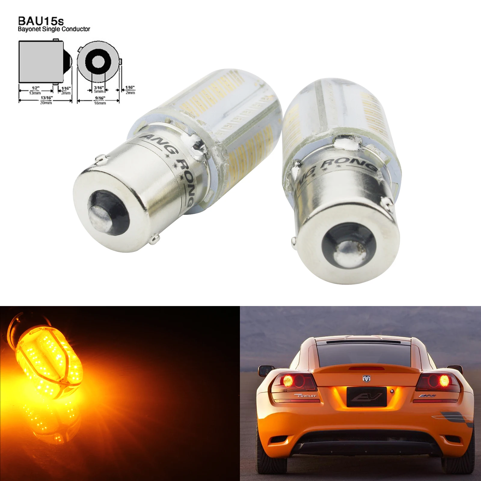 

ANGRONG 2x Amber PY21W 581 BAU15s COB LED Bulbs 8W Indicator Signal Light DRL 12V Orange