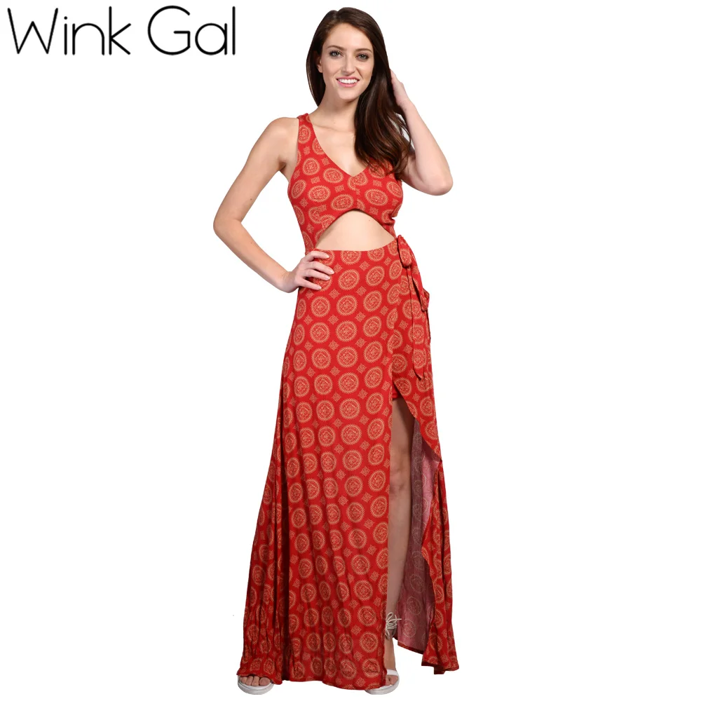 

Wink Gal Casual Beach Dress Maxi Dress Keyhole Waist Long Split Cut Out Designer Clothes 3177