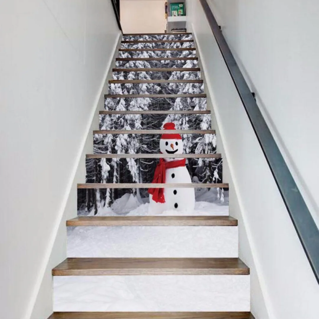 PVC 6 Pcs 3D Christmas Tree Snowman Self-adhesive Stair Stickers Xmas Home Decor