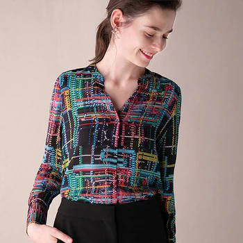 

100% Silk Blouse Women Shirt Printed Elegant Design V Neck Long Sleeve Lightweight Fabric Work Top New Fashion Spring 2019