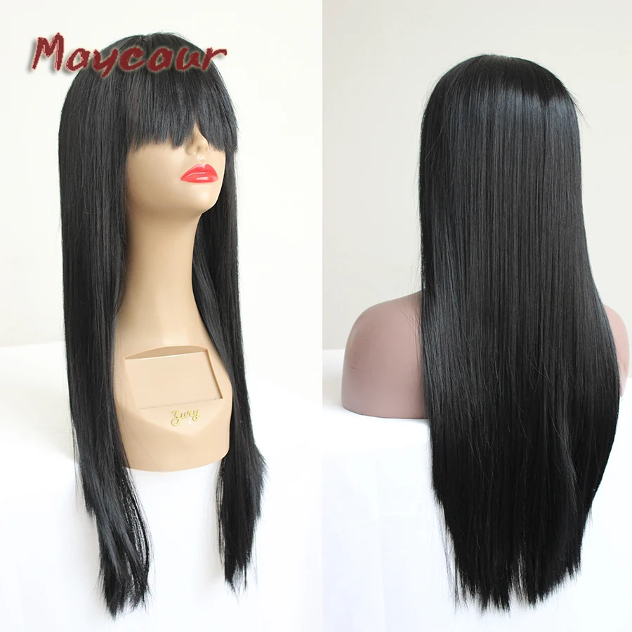 

Maycaur Hair 24 Inch Silky Straight Wigs Heat Resistant Synthetic No Lace Wigs For Black Women With Bangs