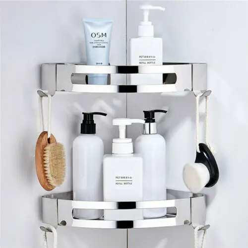 

1-Tier Stainless Steel Shower Corner Caddy Stuff Toothbrush Organizer Bathroom Storage Holder Rack w/ Hooks Bath Organization