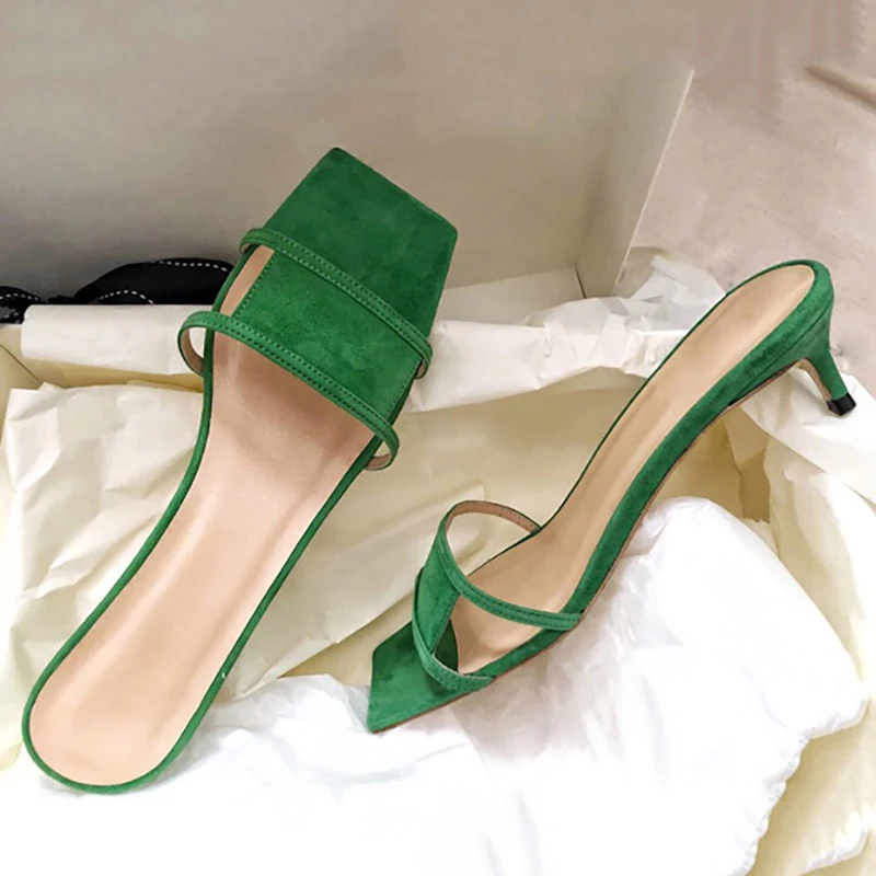 

Sandales Femme 2019 New Women Sandals Square Toe Green Black Suede kitten heels Cut Out Fashion Street Slides Woman Shoes