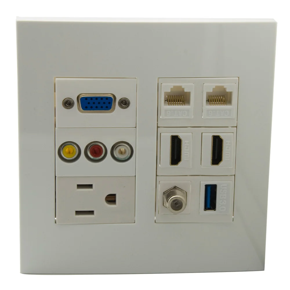 

2 Gang wall plate with US AC 2 X HDMI 2 X CAT6 RJ45 VGA 3RCA AV USB F head TV support customization