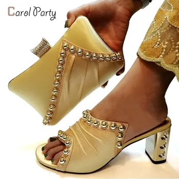 

Gold Color Italian Shoes with Matching Bags for Women Woman Italian Shoe and Bags Set High Quality African Wedding Shoe and Bag