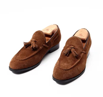 

Khaki/brown comfortable real suede leather men's loafers round toe slip on tassel flats casual party shoes outdoor flats EU44