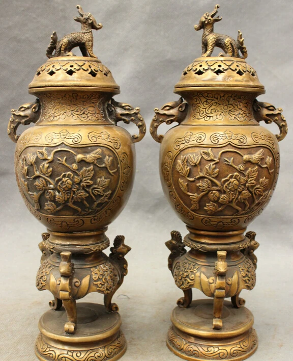 

JP S0606 12" Tibet Buddhism Bronze Dragon Kylin Phoenix Bird Statue Incense Burner Pair