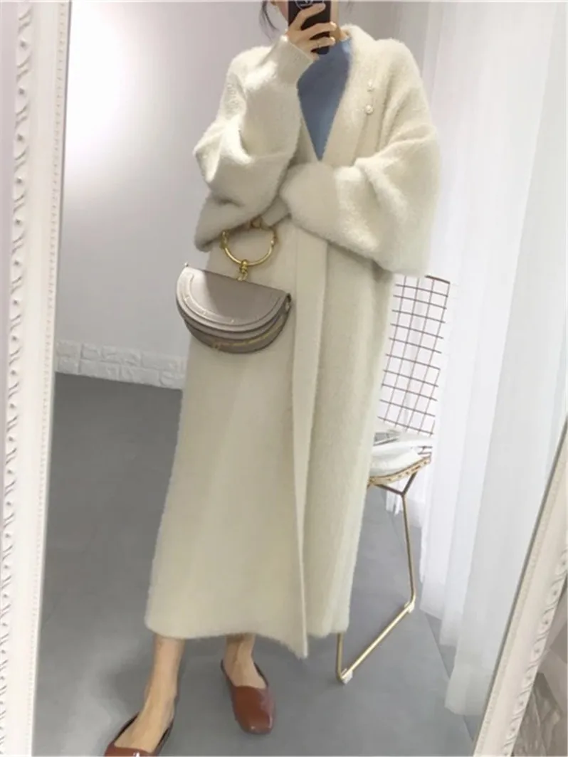 

Women Cashmere Fur Coat Cardigan Chic Trench Long Sweaters V-neck Long Sleeve Warm X37