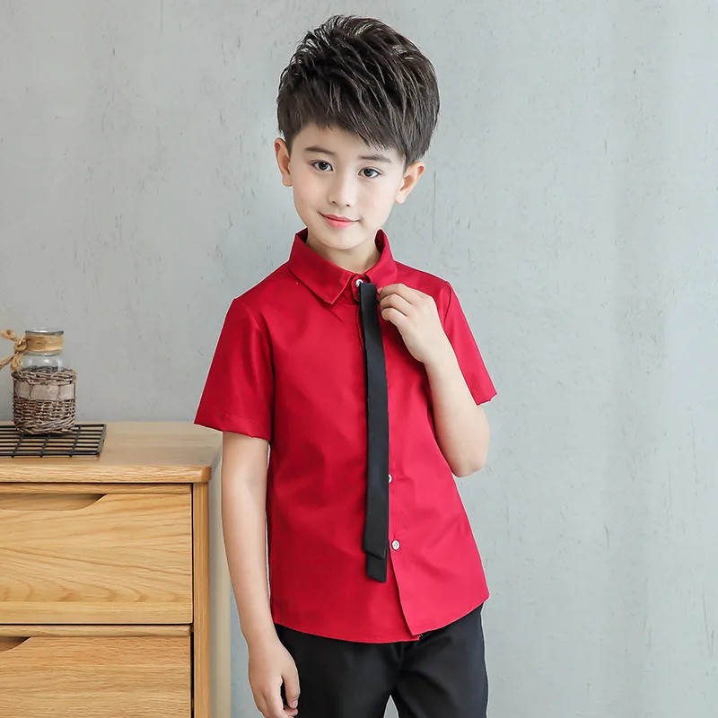 Teenage Boys White Shirt Summer 2019 Cotton Bow Design Short Sleeve Big Boy Button Down Shirts Children Tie Blouse|Рубашки| |
