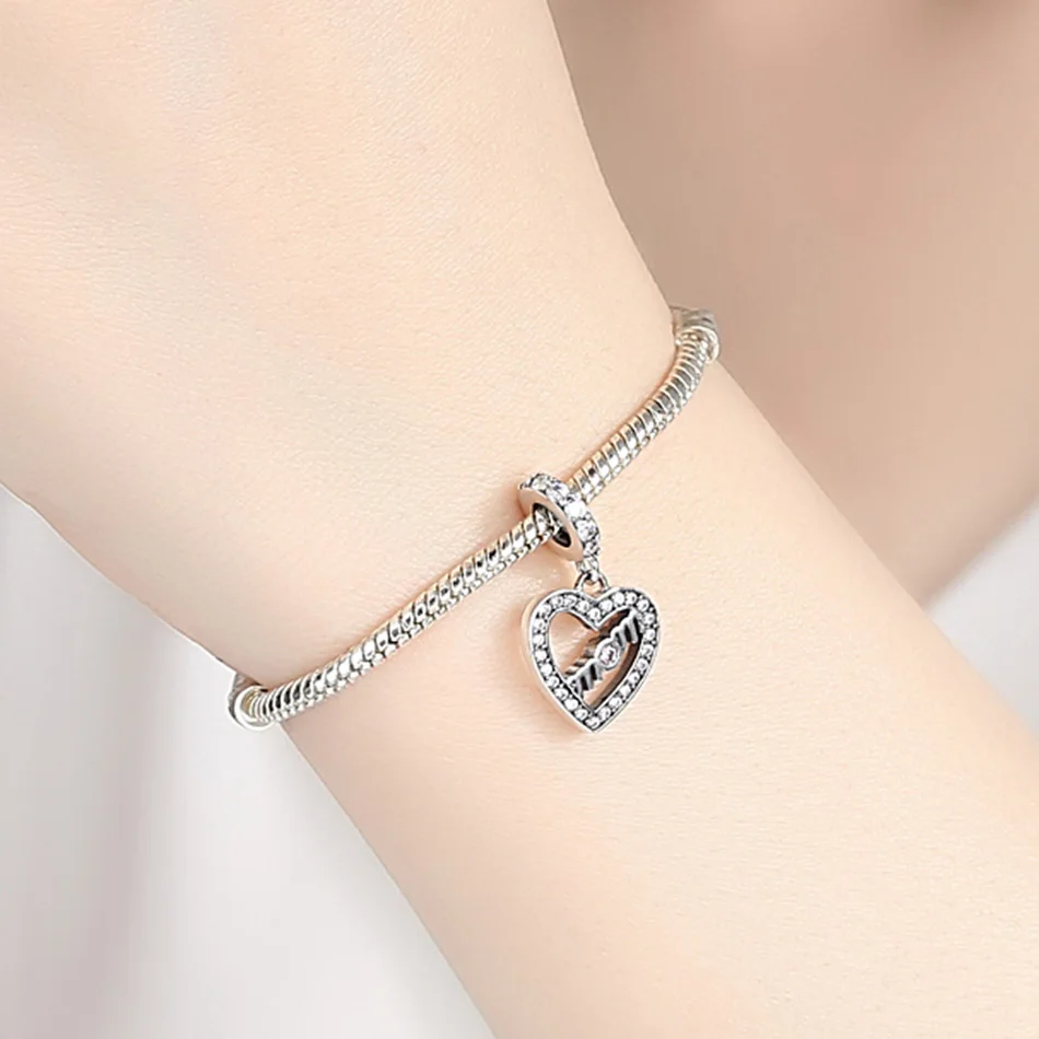 925 стерлингового серебра Mum надписи MOM Love Heart Подвески-шармы Pandora браслет Розовая Подвеска со стразами фианит DIY ювелирные изделия подарок для мамы