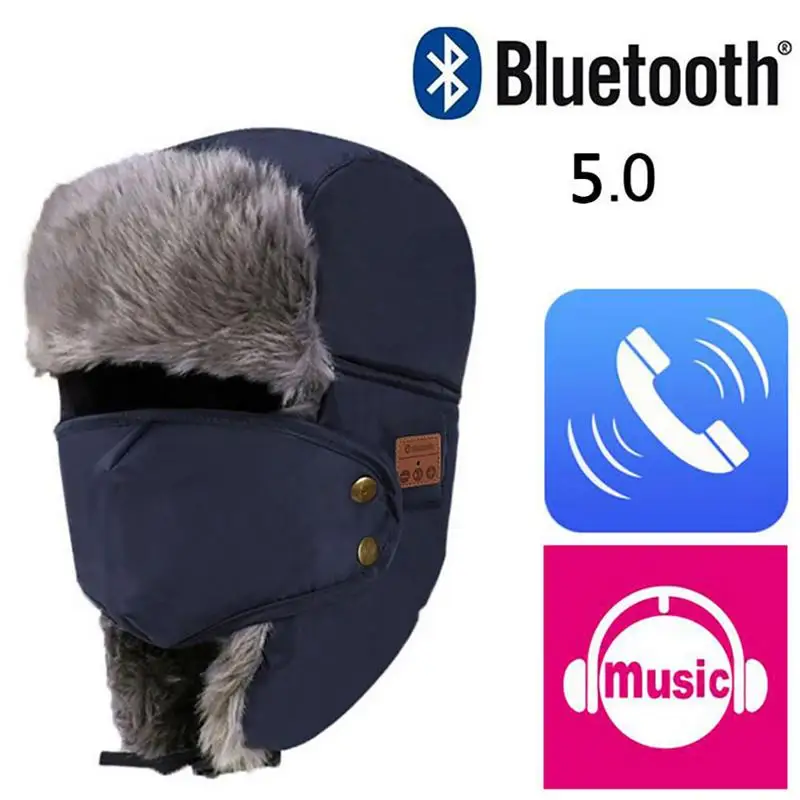 5,0 Bluetooth шапки-бомберы для русской зимы для мужчин и женщин, хлопковая теплая шапка, меховая Толстая шапка охотника, уличная зимняя шапка-ушанка - Цвет: Blue
