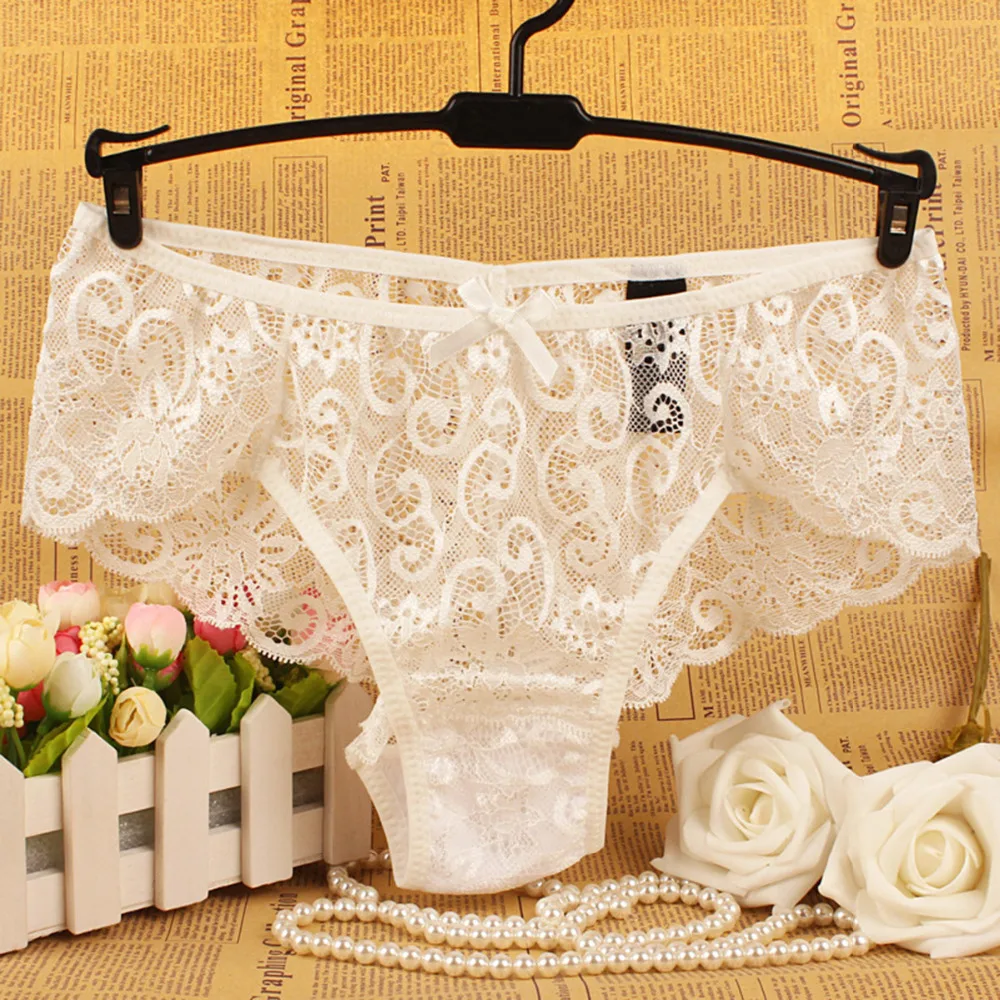 Polyester Women's Sexy Soft Lace Panties White Breathable Hollow
