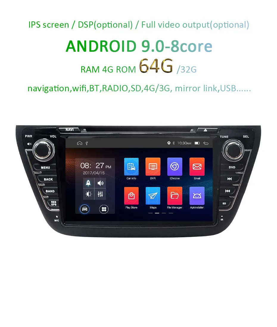 Sale DSP IPS Android 9.0 4G 64G AV Output CAR DVD PLAYER For SUZUKI SX4 S-CROSS S CROSS 2014 2015 GPS Navigation Radio Stereo Screen 1