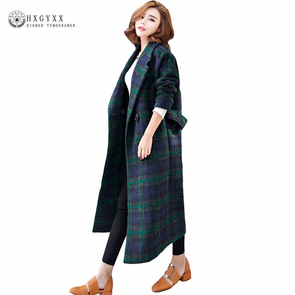 

2019 New Women Wool Cashmere Coat Winter Slim Long Plaid Woolen Overcoat Plus Size Turn Down Collar Outwear Ladies Coats Oka668
