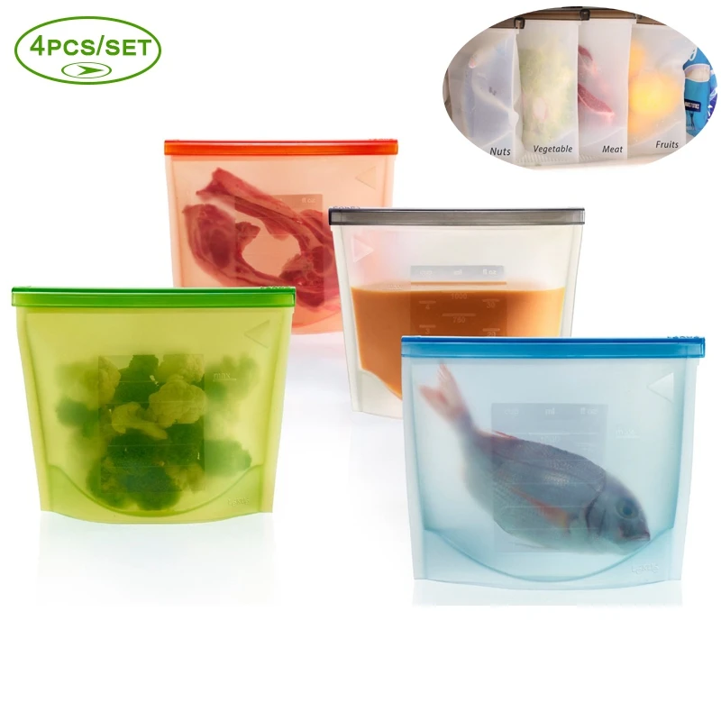 

4PCS REUSABLE SEAL SILICONE FOOD FRESH BAG VACUUM SEALER COOKING BAG FOOD CONTAINER MICROWAVE COOKING BAG FOR FRUITS BREAD