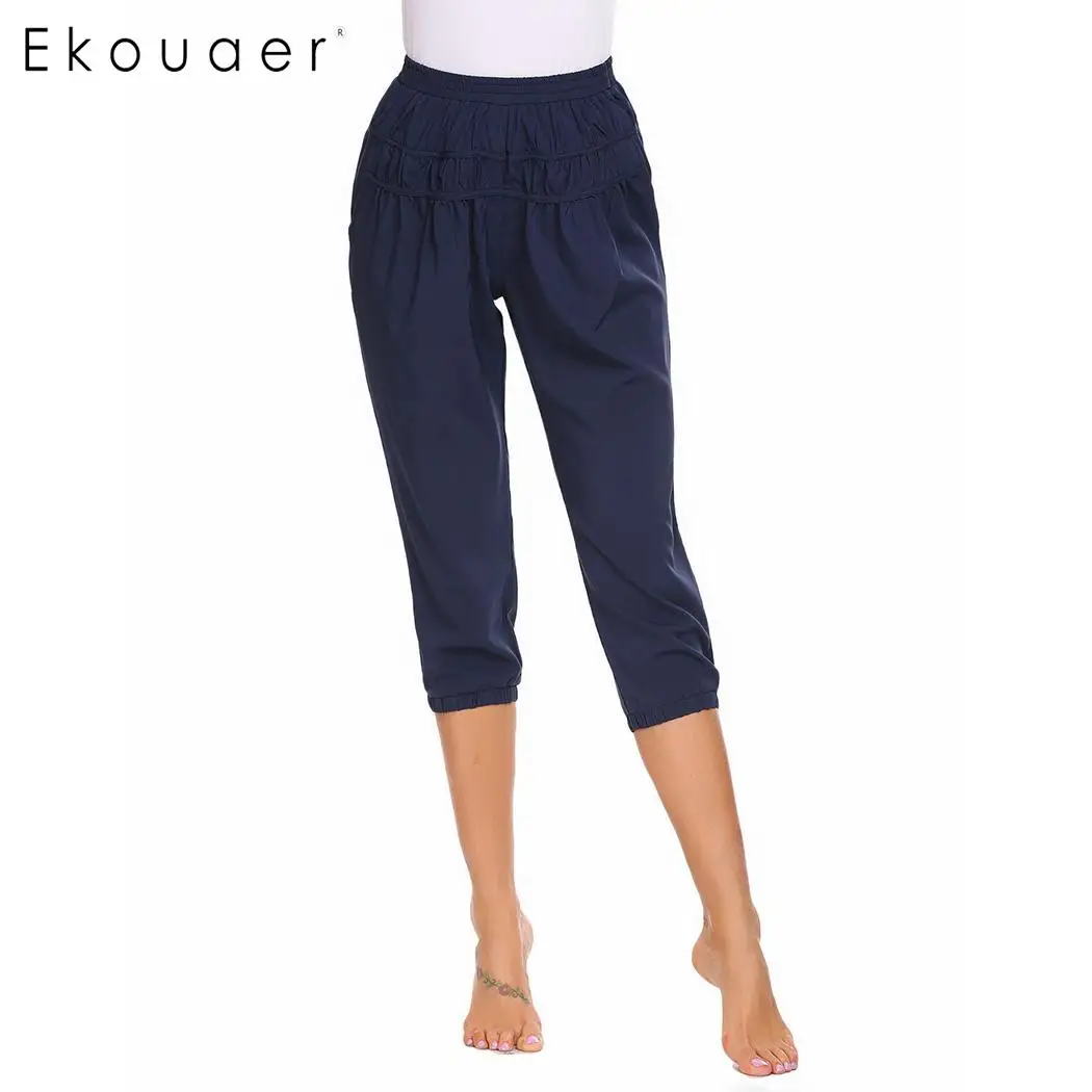 

Ekouaer Women Cotton Sleep Bottoms Waist Solid Multi Layer Ruched Calf Length Pajama Nightwear Lounge Pants Female Home Clothes