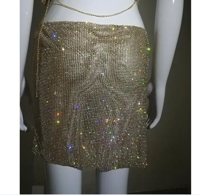 Сексуальное летнее женское платье, золотистый, серебристый металлический с кристаллами, бриллиантами, с открытой спиной, стразы с блестками, для ночного клуба, два предмета, платья с блестками - Цвет: YX656-Gold-skirt