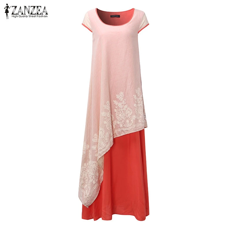 7 цветов Vestidos летнее женское винтажное свободное платье макси с коротким рукавом и цветочной вышивкой двухслойное платье больших размеров - Цвет: Orange