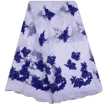 

Fashion African Lace Fabric High Quality White+Blue Tulle Lace Nigerian Lace Fabric 2019 Milk Silk Lace With Stones Y1520
