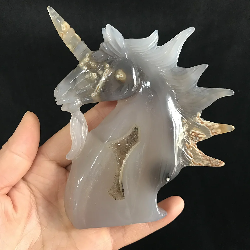 

5.5" Amazing Hand Carved Natural Crystal Agate Geode Unicorn Sculpture Crystal Statue for Decoration Gift SQ