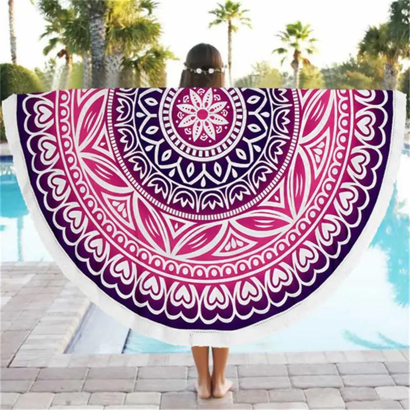 

Multicolor Round Beach Mat Tippet Table Cloth Palpus Travel Blanket With Tassels Indian Mandala Tapestry Lotus Bikini Cover Up