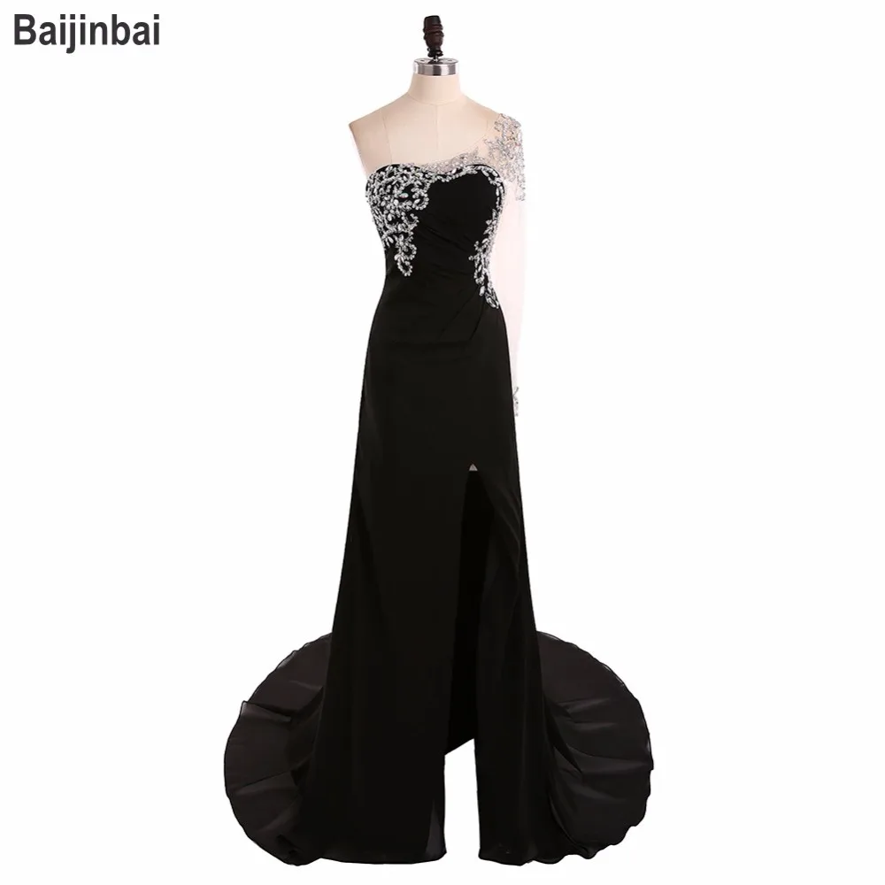 Baijinbai Arabski Czarny Kobiety Długie Suknie Wieczorowe 2017 New Arrival Robe De Soiree Jedno Ramię Długie Rękawy Koraliki Cekiny Sukienka