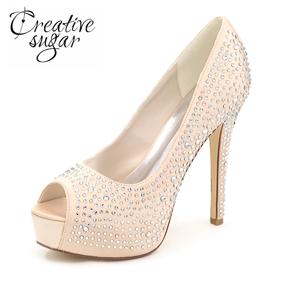 Creativesugar Lady platform high heel rhinestone diamond bridal wedding party banquet evening dress shoes open toe