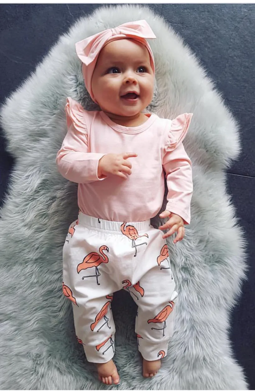3pcs Baby Girls Clothing Pink Soft Cotton Bodysuit Tops+Flamingo Print