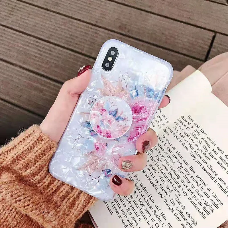Fashion  Conch Shell Phone Case for iphone XS Max XR X 6 6S 7 8 Plus Back Cover Expanding Stand Holder Bracket Flower Case Coque (10)
