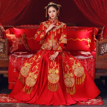 

Novelty Women Gold Tassel Gowns Slim Noble Bride Suit Exquisite Embroidery Cheongsam Vintage Ladies Wedding Gowns Marriage Set