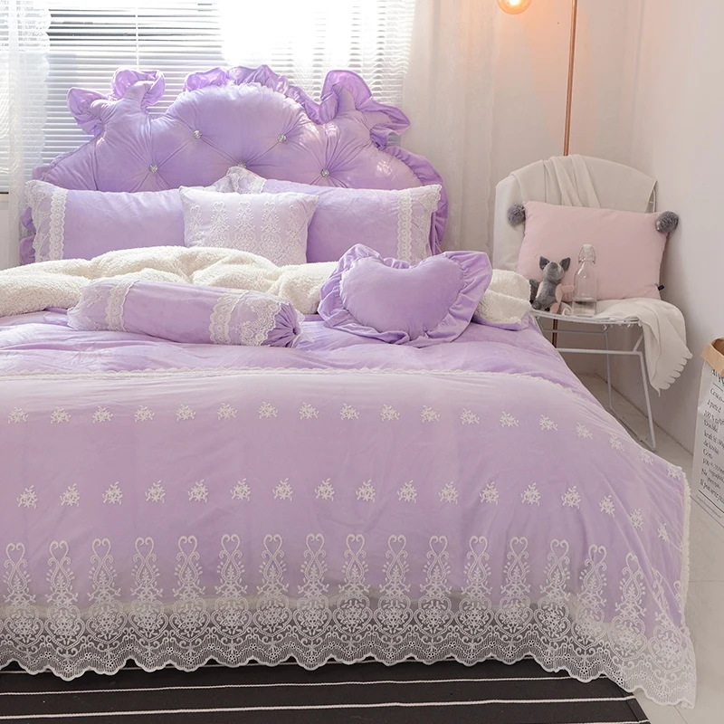 Blue Pink Purple Soft Berber Fleece Princess Girl White Lace Bedding Set Fleece Fabric Duvet Cover Bed sheet/Linen Pillowcases