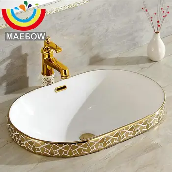 

Golden Geometric Oval Ceramic Semi Counter Lavobo Bathroom Sink With Overflow Wash Basin