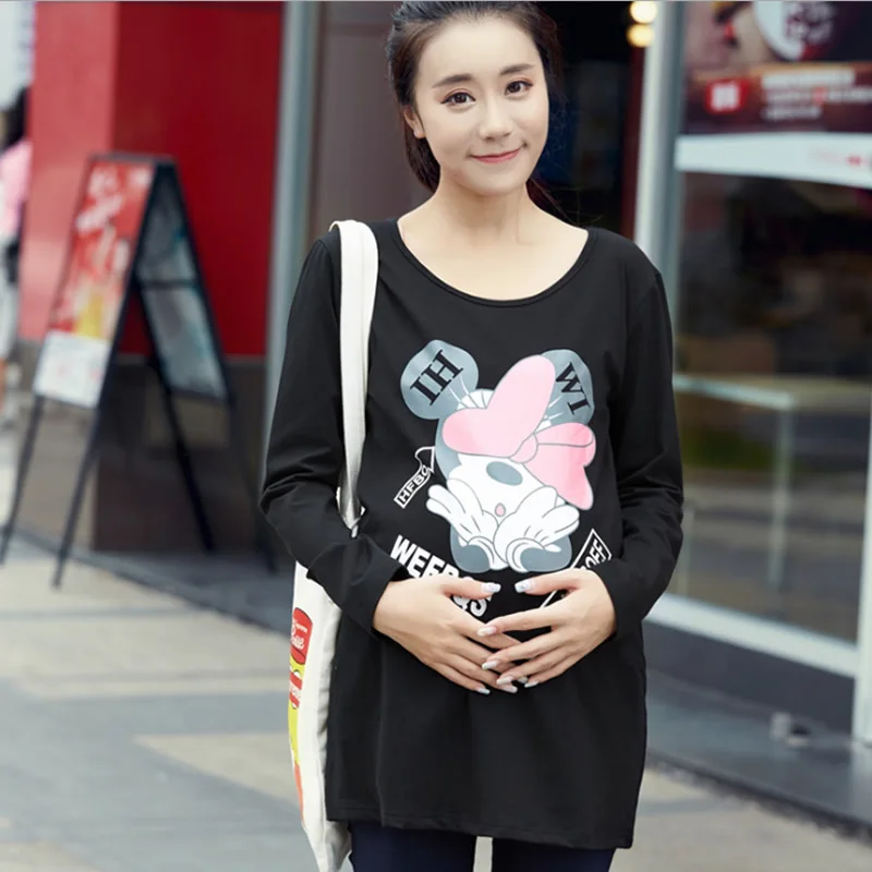 Maternity tops 5XL Plus size Loose T shirt Pregnant clothes Cute printed Long sleeve Woman tee Loose soft cotton 120KG can wear