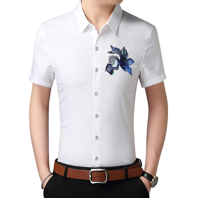 

2019 Men Clothing New Summer New Men's Short-sleeved Shirt Casual Male Slim 3D Embroidered Brands Shirt Plus Size 6XL 7XL