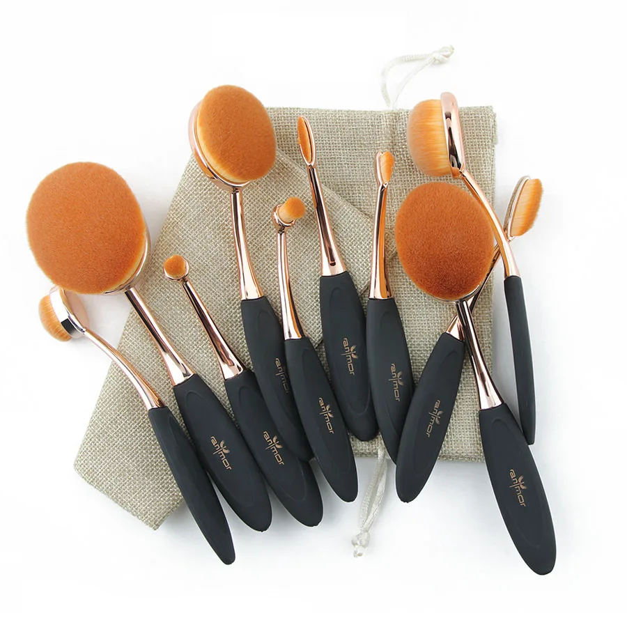 Professional 10 Pcs Oval Makeup Brushes Extremely Soft Makeup Brush Set Foundation Powder Brush Kit With