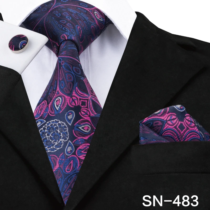 Hi-Tie мужской черный галстук Шелковый Цветочный комплект галстуков для мужчин платок Набор Запонок Свадебная вечеринка бизнес роскошный набор галстуков SN-3040 - Цвет: SN-483