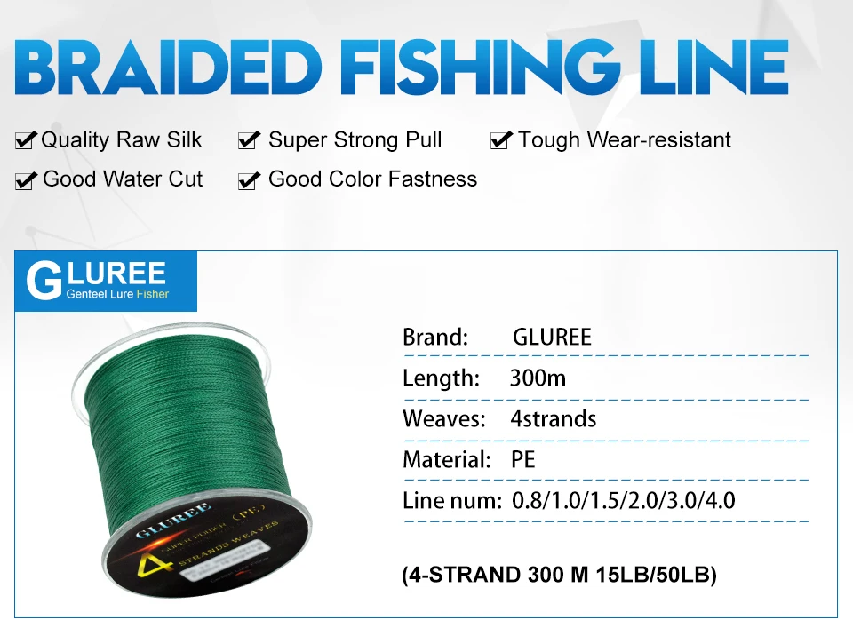 GLUREE 300M328Yards 4 Stands PE Line Braided Fishing Line 100%PE Multifilament Fishing Line Super Strong High Quality 15LB-50LB (7)