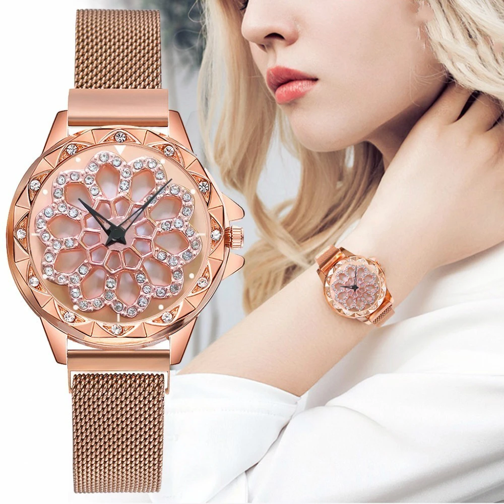 

Hollow Magnet Buckle Rotated Lucky Flower Luxury Brand Rose Gold Women Watches Rhinestone Quartz Ladies Watch Female Reloj Mujer