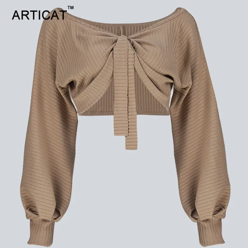 Articat, Сексуальная футболка с открытыми плечами, женский укороченный топ, v-образный вырез, рукав-фонарик, свободная рубашка, женские топы, уличная одежда, хлопковая футболка, топы, футболки