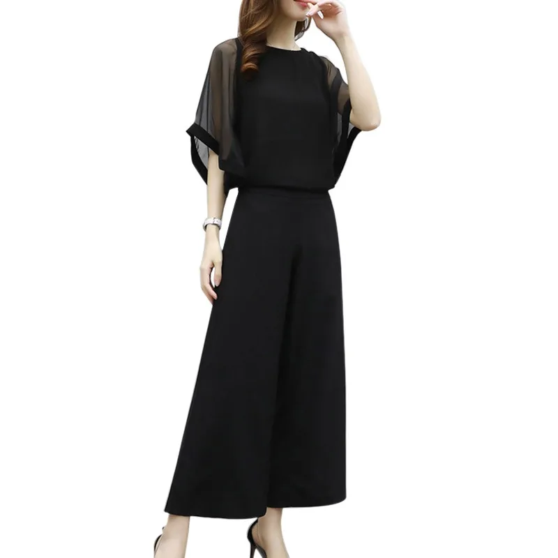 

Z Cosy Summer 2 Pieces Set Women's Chiffon O-Neck Solid Top And Ankle-Length Wide Leg High Waist Pants Set Female clothes