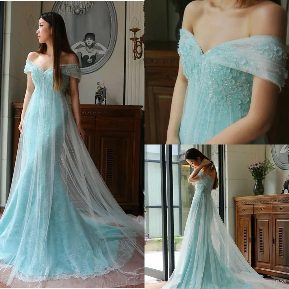

Mint Off Shoulder Long Prom Dresses Tulle Wedding Party Dress Evening Gown 2019