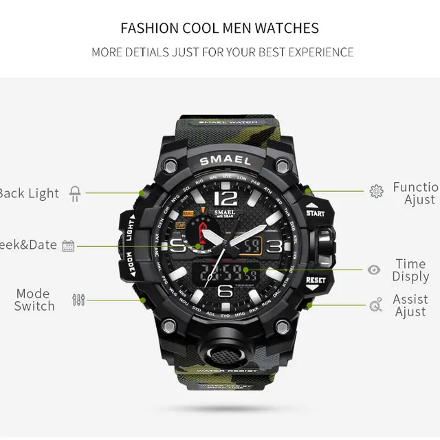 SMAEL Marka Fashion Watch mężczyźni wodoodporny Sport Military Zegarki 1545 mężczyźni luksusowy zegarek analogowy kwarcowy podwójny wyświetlacz zegarek tanie i dobre opinie Quartz Wristwatches Complete Calendar Shock Resistant Rattrapante Stop Watch LED display Auto Date Water Resistant Back Light Chronograph Multiple Time Zone Alarm Perpetual Calendar SMAEL Marka Fashion Watch mężczyźni wodoodporny Sport Military Zegarki 1545 mężczyźni luksusowy zegarek analogowy kwarcowy podwójny wyświetlacz zegarek tanie i dobre opinie Quartz Wristwatches Complete Calendar Shock Resistant Rattrapante Stop Watch LED display Auto Date Water Resistant Back Light Chronograph Multiple Time Zone Alarm Perpetual Calendar