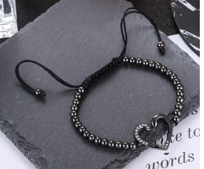 

black gold silver rose gold micro pave cz zircon rope adjusted Macrame bracelet hf43 heart Charm Braided Braiding Bangles