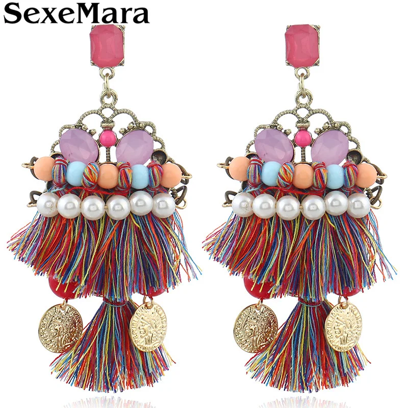 SexeMara New Rhinestone Tassel Color Earrings Fashion Hyperbole BOHEMIA Acrylic Pearl Silk Thread Drop For Women 2019 | Украшения и