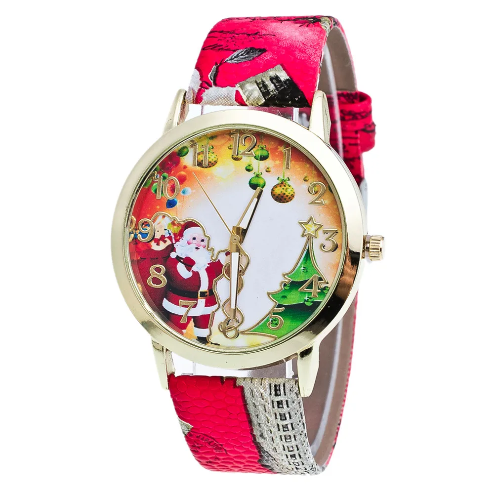 

New Christmas Elderly And Tree Pattern Watch Male Female Watch Leather Band Analog Quartz Wrist Watches Clock Relogio Red