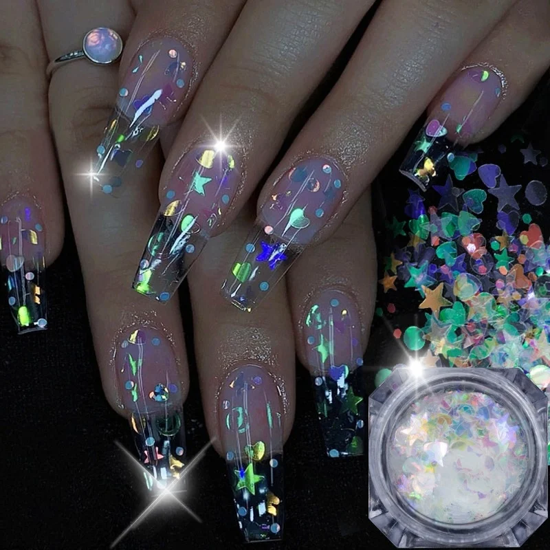 

1 Box Heart Nail Glitter Symphony Blue Transparent Mermaid Sequins DIY Mixed Size Paillette Holographic Nail Art Decoration