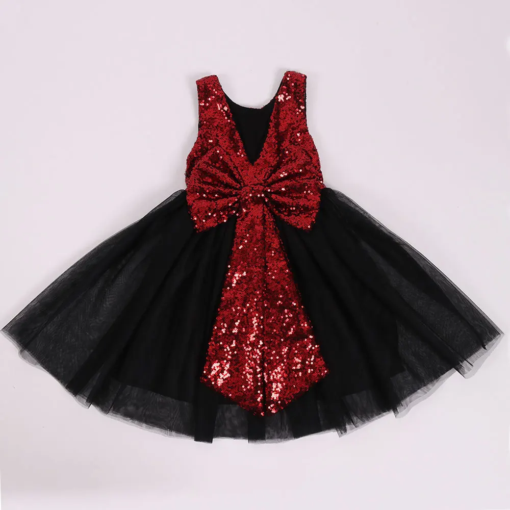 Black DK Red 01 Платье-пачка с блестками для девочек платье принцессы с бантом детское платье с v-образным вырезом и цветочным рисунком розовое платье для малышей праздничное платье без рукавов для девочек - Цвет: Black DK Red 01