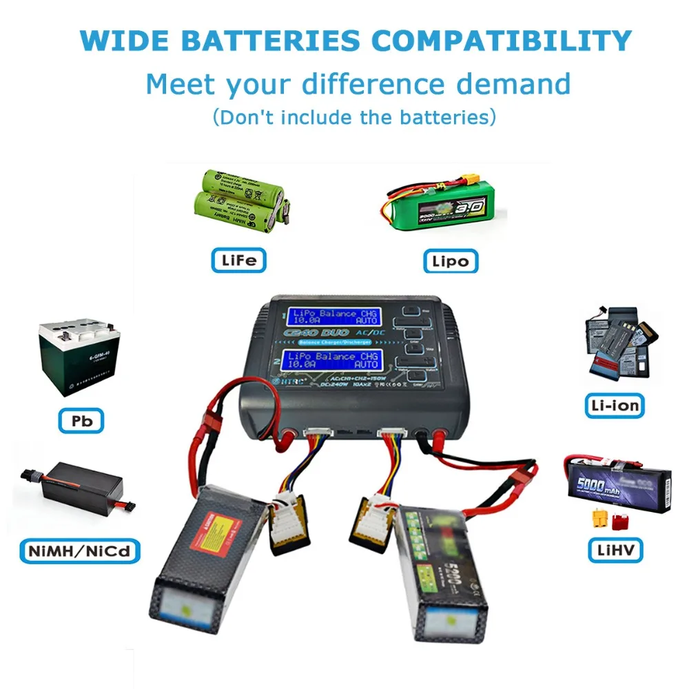  HTRC AC 150W DC 240W Dual Channel RC Balance Lipo battery Charger LiHV LiFe Lilon NiCd NiMH PB Batt