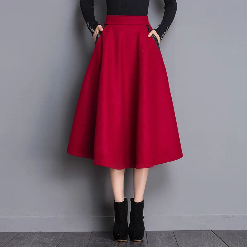 Зимние шерстяные Винтаж юбки женские стрейч Высокая Талия плотная черный, красный Расклешенная юбка элегантный плиссированные Длинная