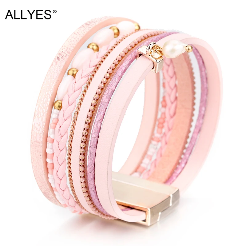 

ALLYES Pink Leather Bracelets For Women Pearl Beads Bracelets & Bangles Braided Boho Multilayer Wide Wrap Bracelet Femme Jewelry